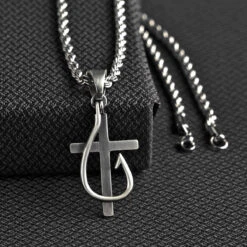 Twister Men's Cross & Fish Hook Pendant Silver Necklace 32134