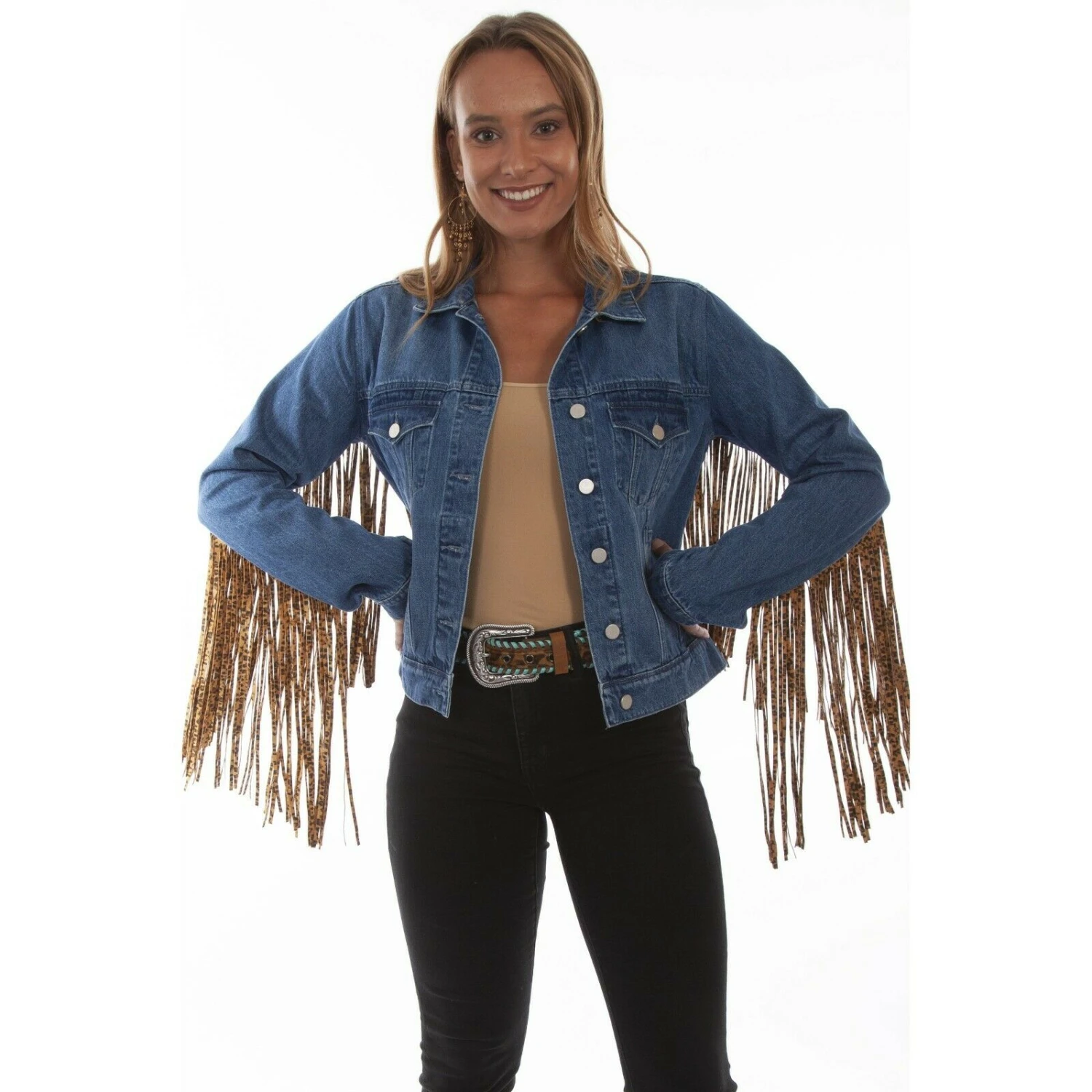 Scully Ladies Leopard Fringe Denim Jacket HC647-DEN 1 Scully Ladies Leopard Fringe Denim Jacket HC647-DEN