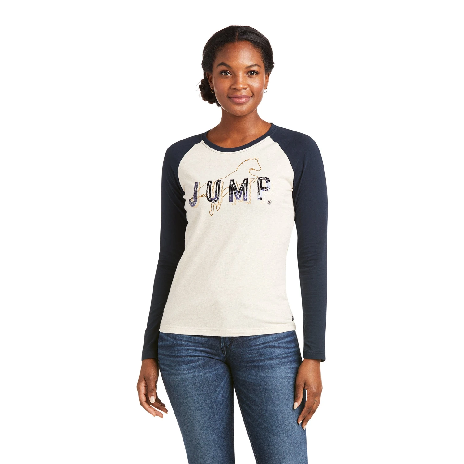 Ariat Ladies Jump Long Sleeve Oatmeal/Sapphire T-Shirt 10036957 1 Ariat Ladies Jump Long Sleeve Oatmeal/Sapphire T-Shirt 10036957