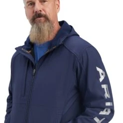 Ariat® Men's Rebar Stretch Canvas Navy Logo Softshell Jacket 10041629 -Wildwest Boot Store F22 MNS WORK 10041629 detail01