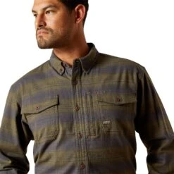 Ariat Men's Rebar Flannel DuraStretch Burnt Olive Work Shirt 10062530 -Wildwest Boot Store F25 MNS WORK 10062530 detail01