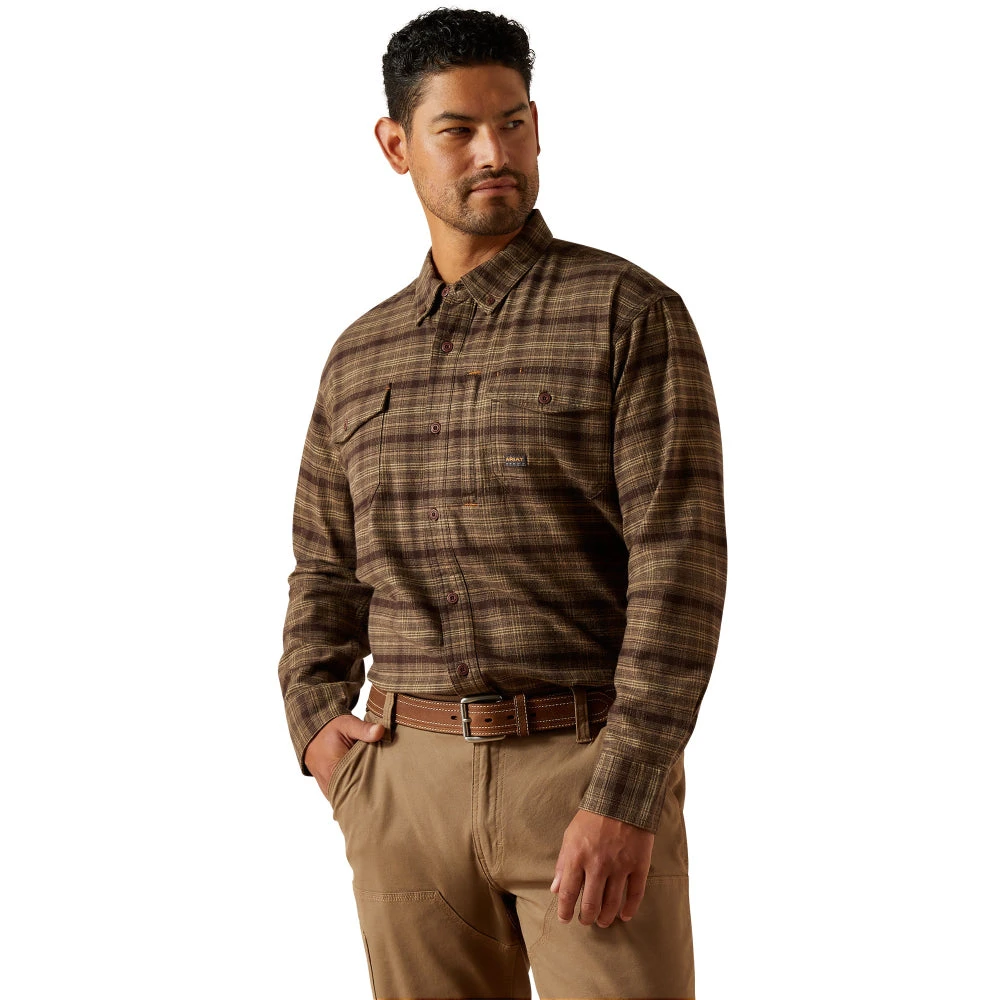 Ariat Men's Rebar Flannel DuraStretch Wren Brown Work Shirt 10062531 1 Ariat Men's Rebar Flannel DuraStretch Wren Brown Work Shirt 10062531