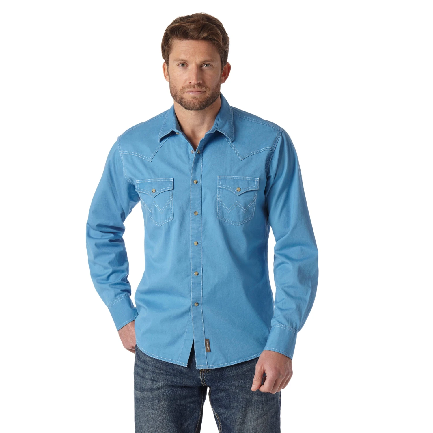 Wrangler Men's Retro Premium Pigment Dyed Twill Blue Snap Shirt MVR507J 1 Wrangler Men's Retro Premium Pigment Dyed Twill Blue Snap Shirt MVR507J