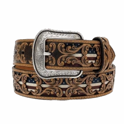 3D Men's Floral Tooled American Flag Inlay Leather Belt D100012408