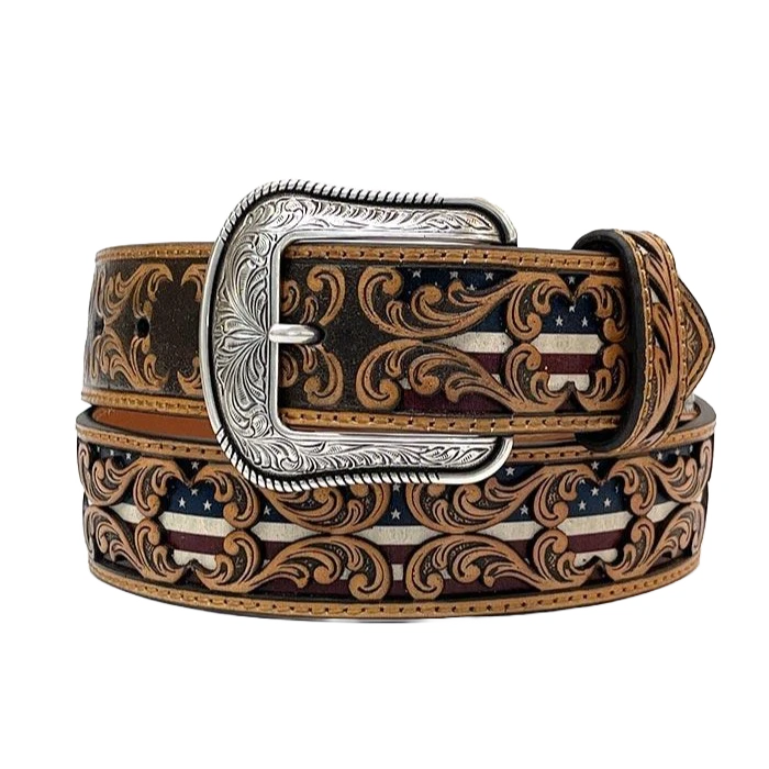 3D Men's Floral Tooled American Flag Inlay Leather Belt D100012408 1 3D Men's Floral Tooled American Flag Inlay Leather Belt D100012408