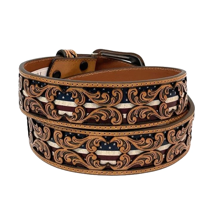 3D Men's Floral Tooled American Flag Inlay Leather Belt D100012408 2 3D Men's Floral Tooled American Flag Inlay Leather Belt D100012408 - Image 2