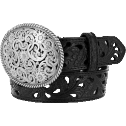 Tony Lama Ladies Pierced Filigree 1 1/2" Black Trophy Belt C50023