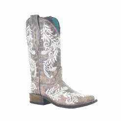 Corral Boots Corral Ladies Brown With White Embroidery Square Toe Boots A4063