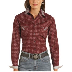 Panhandle Rough Stock Ladies Aztec Geometric Print Snap Shirt R4S3258