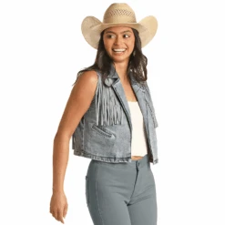 Rock & Roll Denim Ladies Fringe Medium Wash Vest RRWD98R114