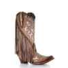 Corral Boots Corral Ladies Saddle Brown Lamb Inlay Embroidery & Fringe Boots C3766