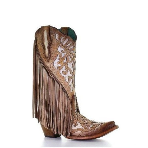 Corral Boots Corral Ladies Saddle Brown Lamb Inlay Embroidery & Fringe Boots C3766 1 Corral Boots Corral Ladies Saddle Brown Lamb Inlay Embroidery & Fringe Boots C3766