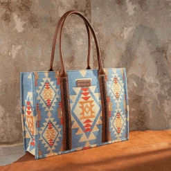 Wrangler Ladies Southwestern Dual Sided Canvas Brown Wide Tote Bag WG2202-8119BR -Wildwest Boot Store lifestyle1