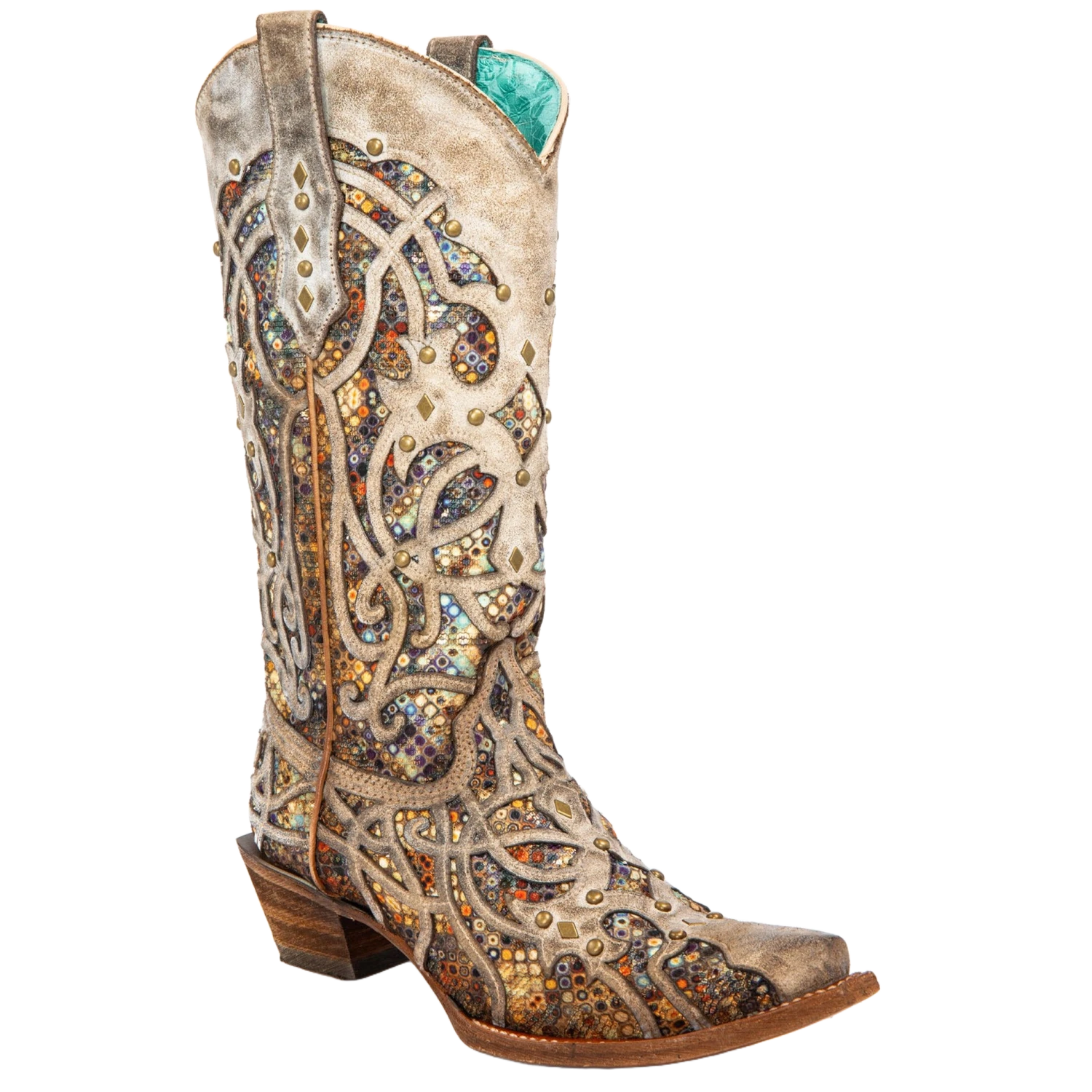 Corral Boots Corral Ladies Taupe Sequin Multicolor Inlay Studs Snip Toe Boots C3409 1 Corral Boots Corral Ladies Taupe Sequin Multicolor Inlay Studs Snip Toe Boots C3409